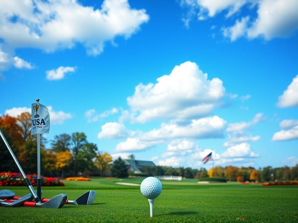 Flick International A close-up of a pristine white golf ball on a tee at Bethpage Black, with a Team USA flag in the background