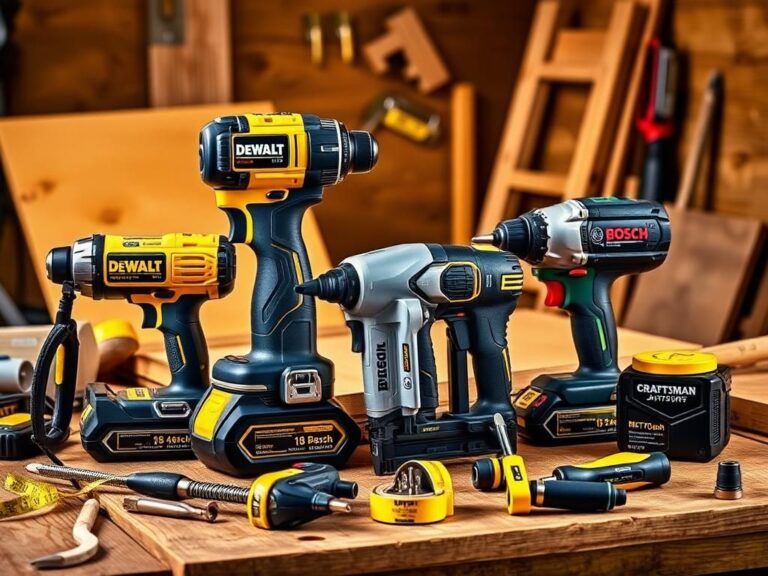 Flick International A visually engaging composition of high-quality power tools including DeWalt, Bosch, Metabo, and Craftsman on a workshop bench.
