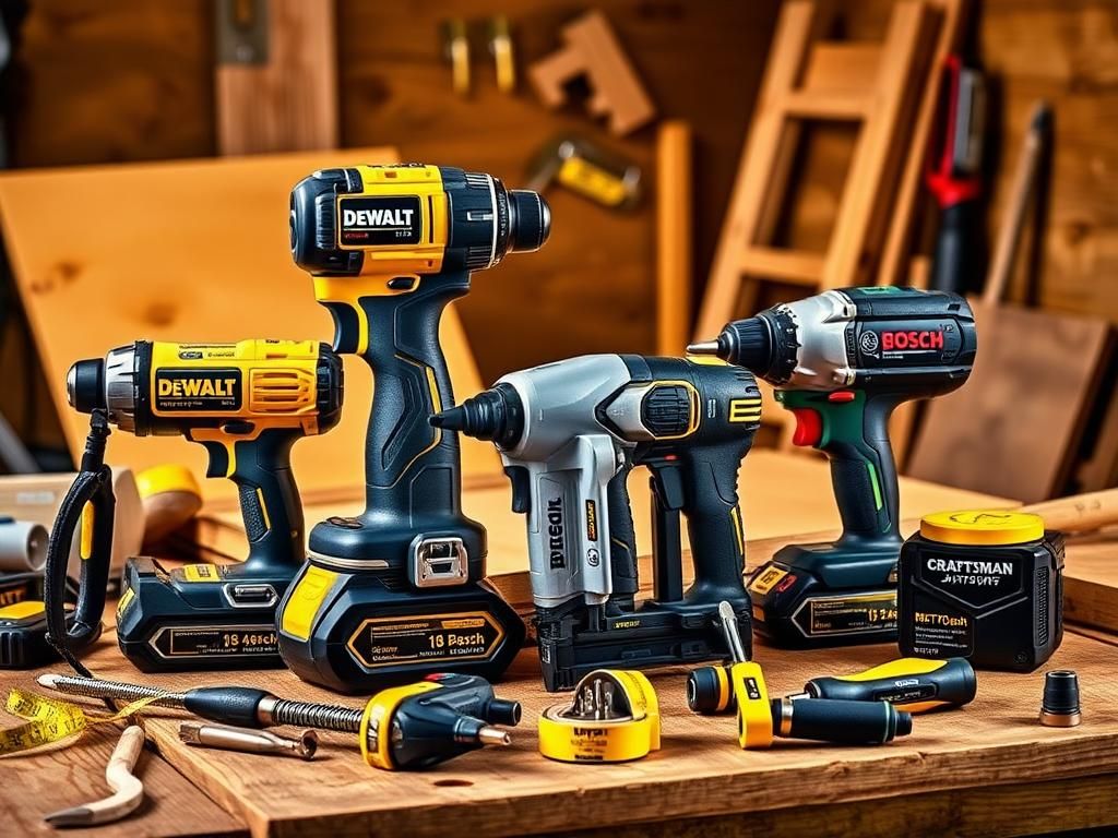 Flick International A visually engaging composition of high-quality power tools including DeWalt, Bosch, Metabo, and Craftsman on a workshop bench.