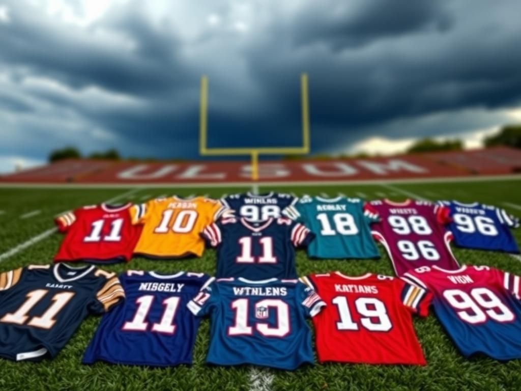 Flick International A collage of NFL jerseys displaying a variety of numbers on a football field