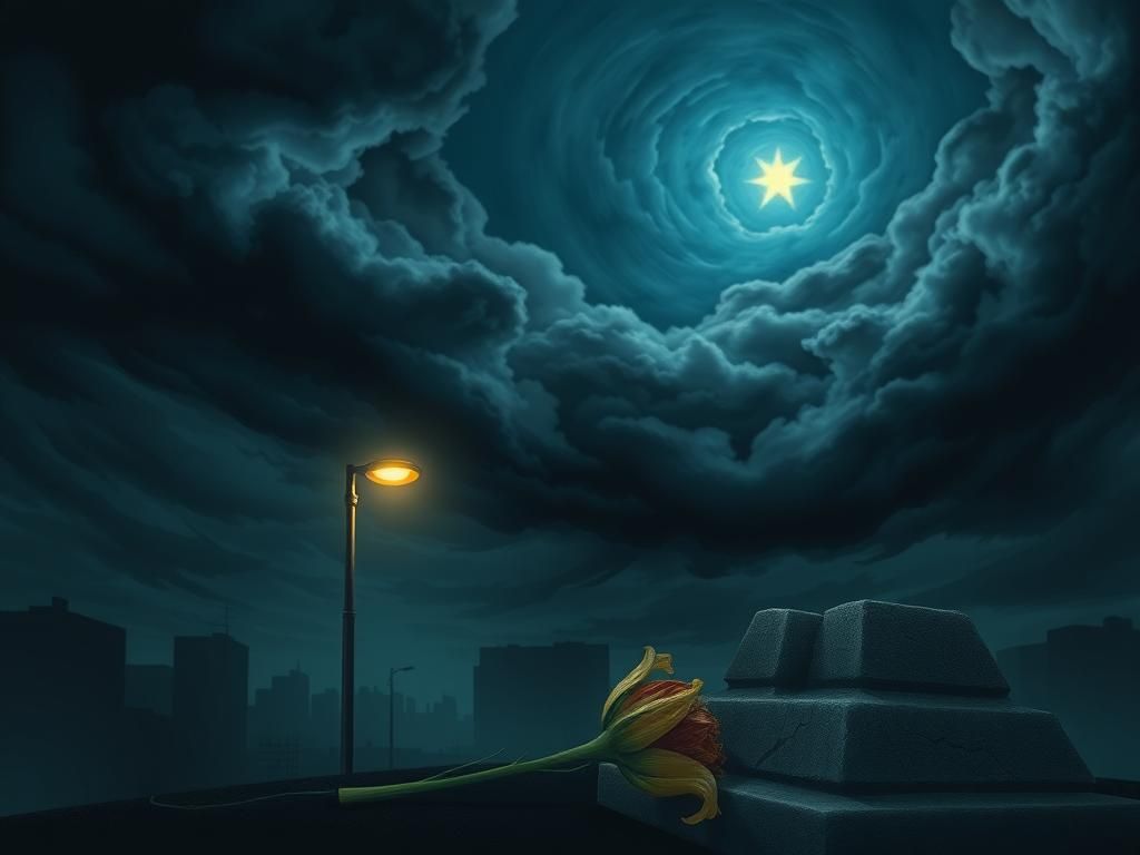 Flick International A dark and stormy night sky with swirling clouds and a bright star symbolizing loss