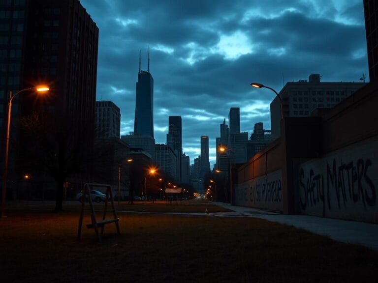 Flick International Somber urban landscape of Chicago at dusk with neglected park and dimly lit streetlights reflecting crime crisis