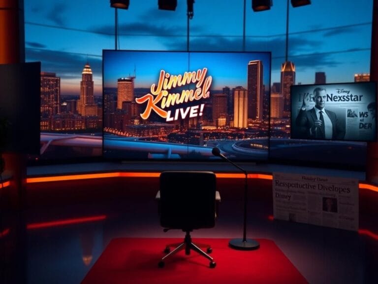 Flick International Empty television studio set with a microphone and vibrant 'Jimmy Kimmel Live!' logo graphics
