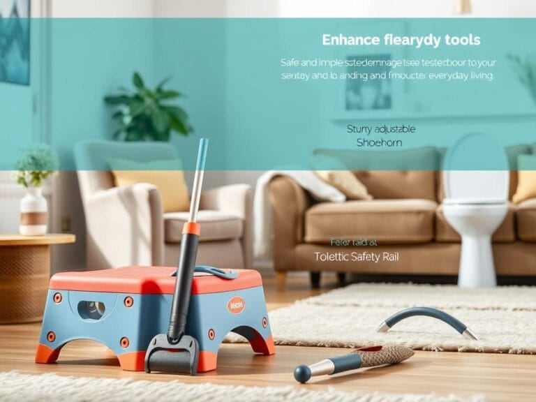 Flick International A sturdy grabber tool and colorful step stool positioned next to a cozy chair