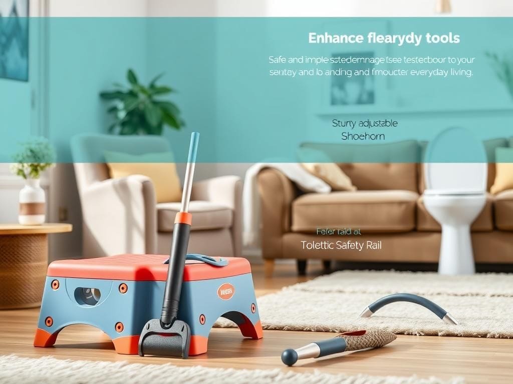 Flick International A sturdy grabber tool and colorful step stool positioned next to a cozy chair