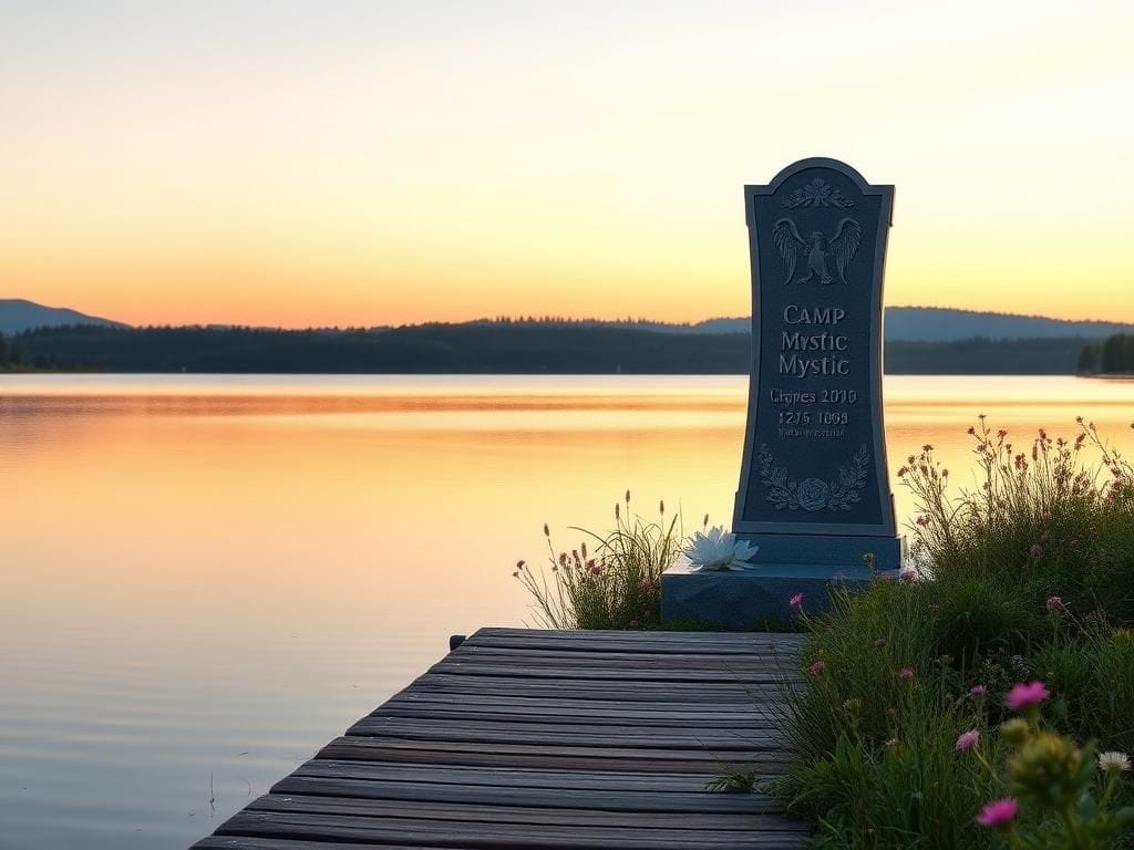 Flick International Serene lakeside scene at Camp Mystic featuring a wooden dock and lush greenery