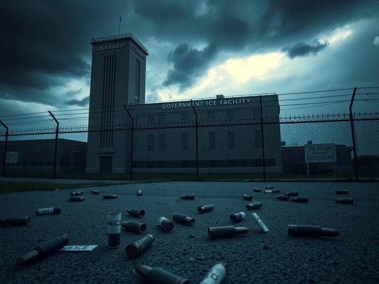 Flick International Exterior of an ICE facility with evidence markers and barbed-wire fence