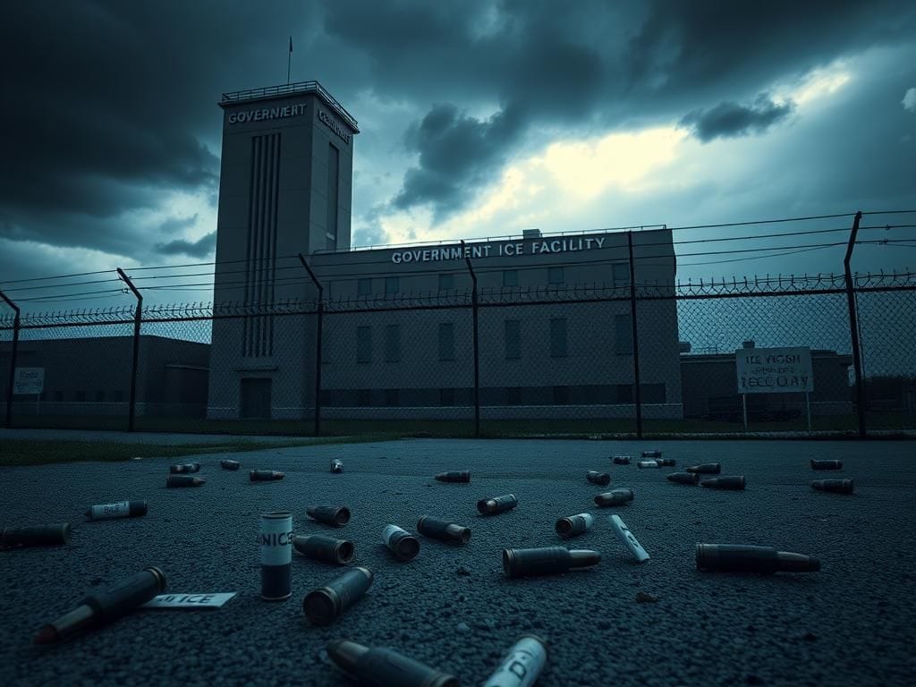 Flick International Exterior of an ICE facility with evidence markers and barbed-wire fence