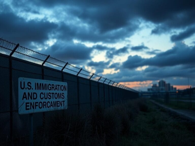Flick International Exterior view of a federal immigration facility with tall fences and barbed wire at twilight