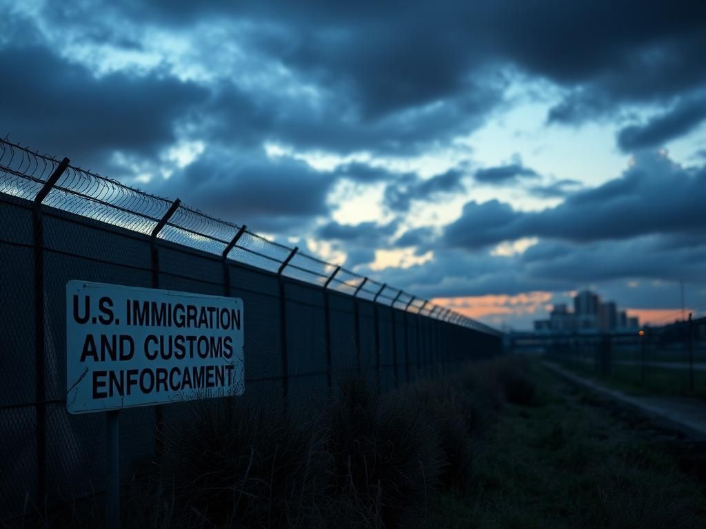 Flick International Exterior view of a federal immigration facility with tall fences and barbed wire at twilight