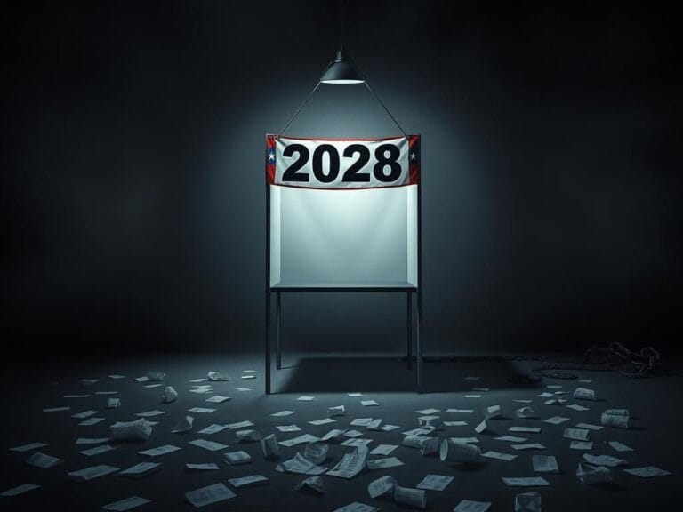 Flick International Empty voting booth illuminated by a spotlight surrounded by shadows symbolizing uncertainty and fear.