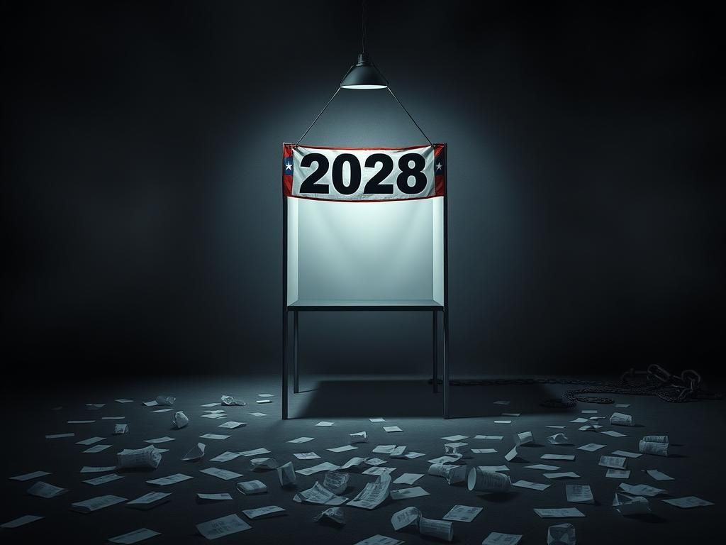 Flick International Empty voting booth illuminated by a spotlight surrounded by shadows symbolizing uncertainty and fear.