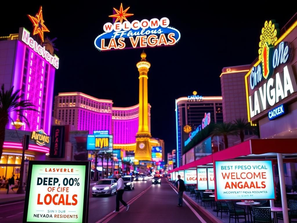 Flick International Vibrant scene of the Las Vegas Strip at night showcasing iconic landmarks and promotional signs for locals