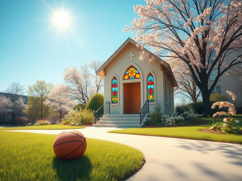 Flick International Cozy chapel on a college campus surrounded by spring flowers and a basketball symbolizing Sister Jean Schmidt's legacy