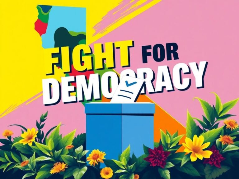 Flick International Abstract map of California symbolizing diverse political landscapes with bold 'Fight for Democracy' text