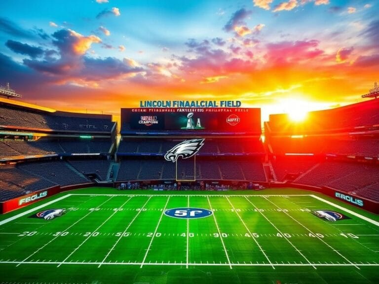 Flick International Aerial view of Lincoln Financial Field during sunset with the Eagles' colors illuminated