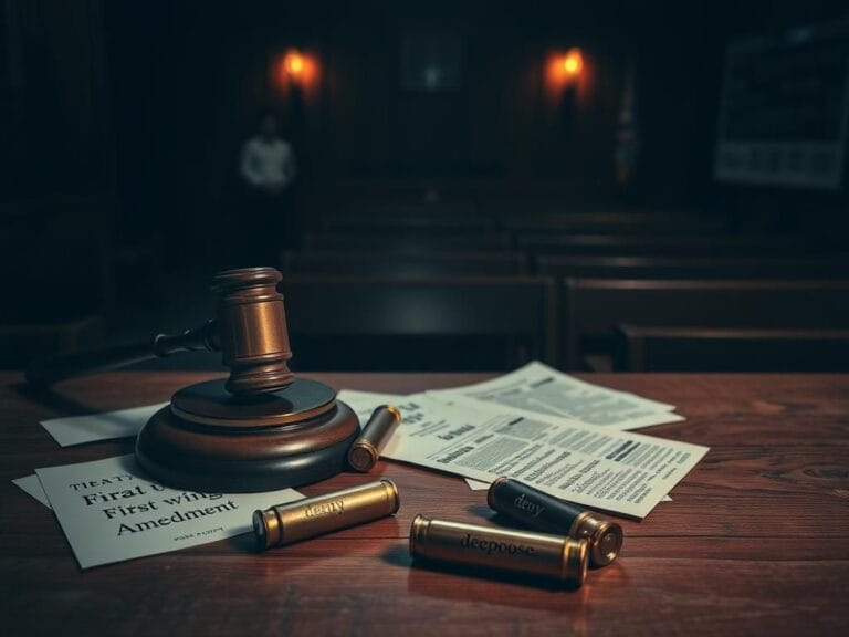 Flick International A dimly lit courtroom with a gavel and legal documents representing justice and fair trial themes