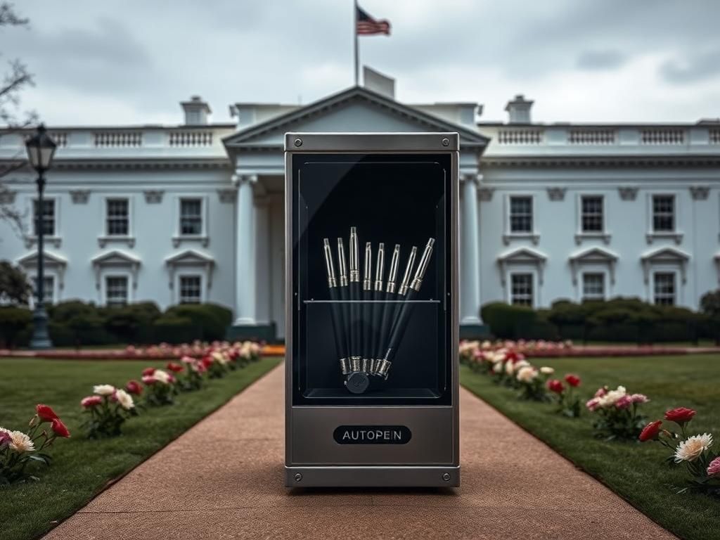 Flick International Scene outside the White House featuring the new Presidential Walk of Fame with an autopen machine