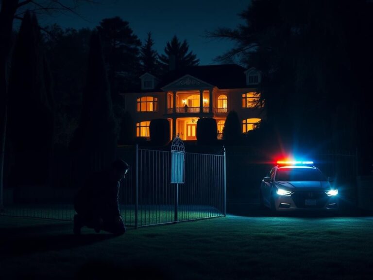Flick International Nighttime scene of a luxurious mansion with a shadowy figure crouching near a privacy fence.