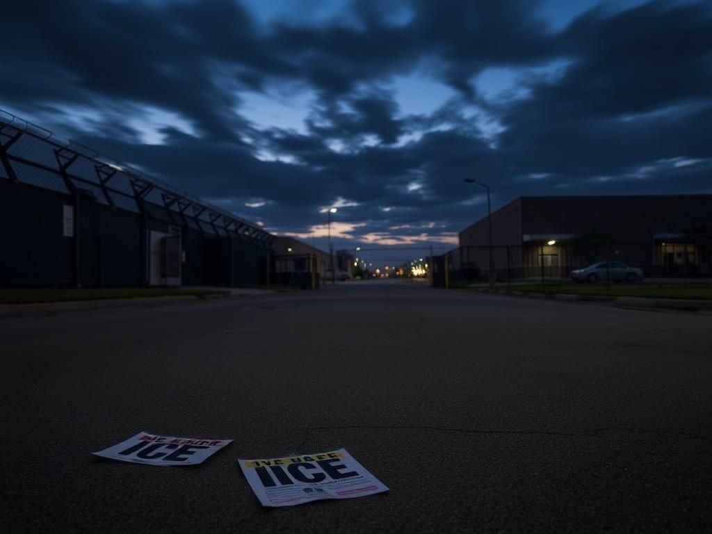 Flick International Empty street outside a fortified ICE facility in Dallas during twilight