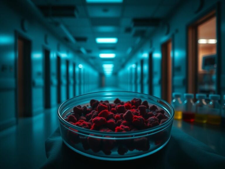 Flick International A dark hospital corridor with flickering fluorescent lights, symbolizing the threat of NDM-CRE superbug infections