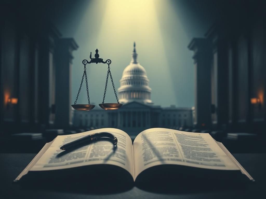 Flick International Abstract representation of scales of justice in a dimly lit courtroom