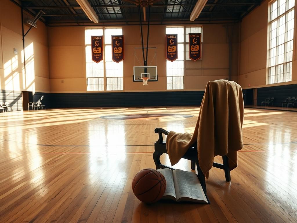 Flick International Empty Loyola Chicago basketball court lit by warm afternoon sunlight