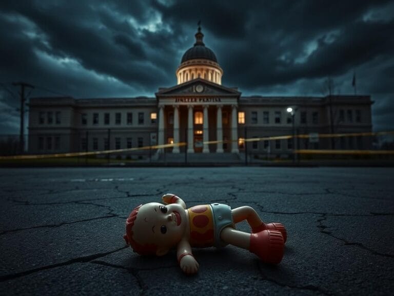 Flick International Abandoned child's toy on cracked pavement in front of a dimly lit ICE facility