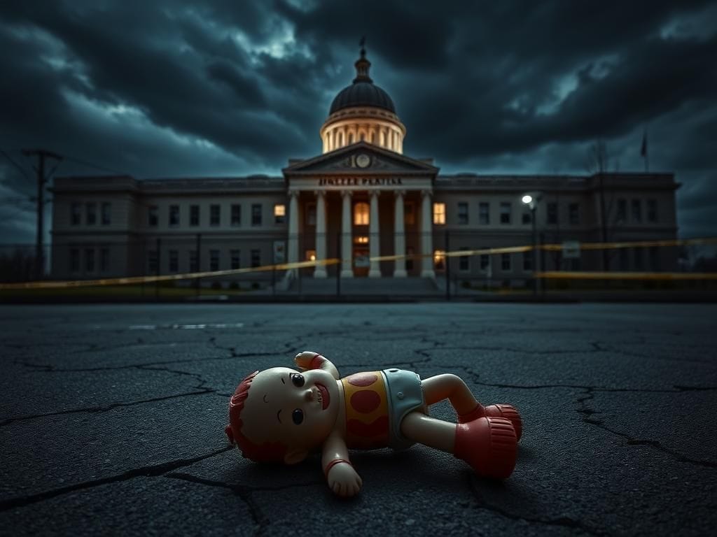 Flick International Abandoned child's toy on cracked pavement in front of a dimly lit ICE facility