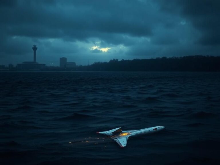 Flick International A somber scene of the Potomac River with airplane debris, symbolizing the aftermath of a tragic plane crash.