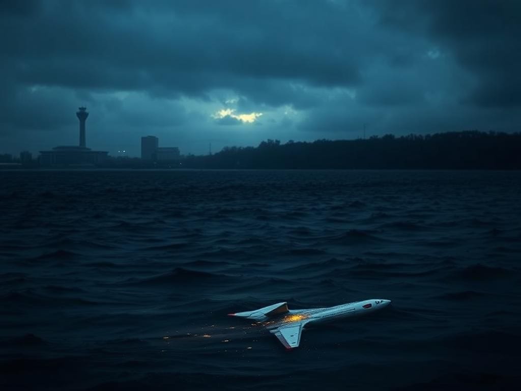 Flick International A somber scene of the Potomac River with airplane debris, symbolizing the aftermath of a tragic plane crash.