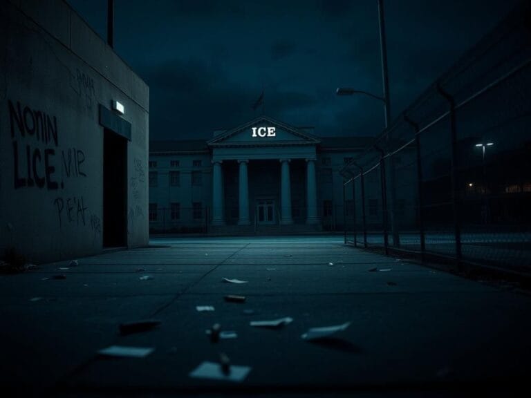 Flick International Dimly lit ICE facility in a gritty urban environment with anti-ICE graffiti