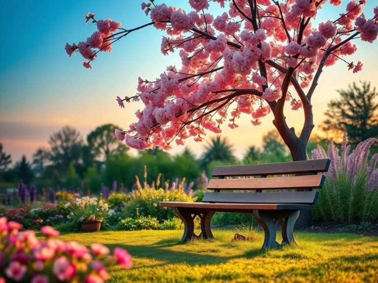 Flick International Serene garden at dusk with blooming cherry blossom tree and vibrant flowers