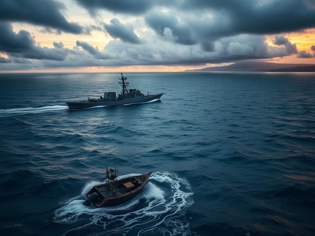 Flick International A U.S. Navy guided missile destroyer patrols the choppy Caribbean Sea amidst dark clouds, symbolizing military intervention against drug cartels.