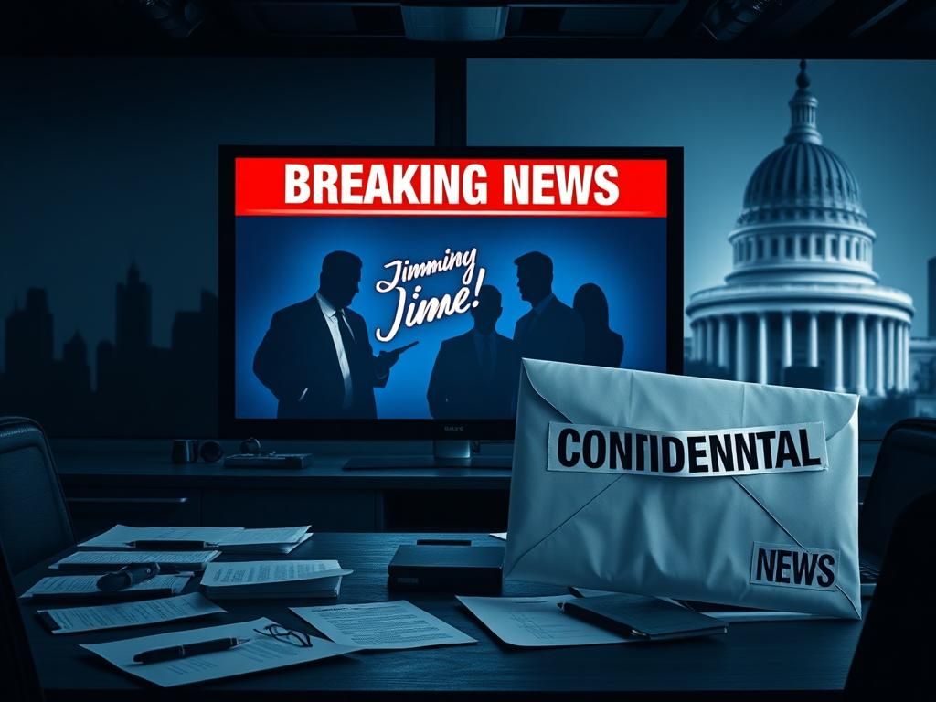 Flick International newsroom setting with television displaying 'Breaking News' for Jimmy Kimmel Live! covered by caution tape