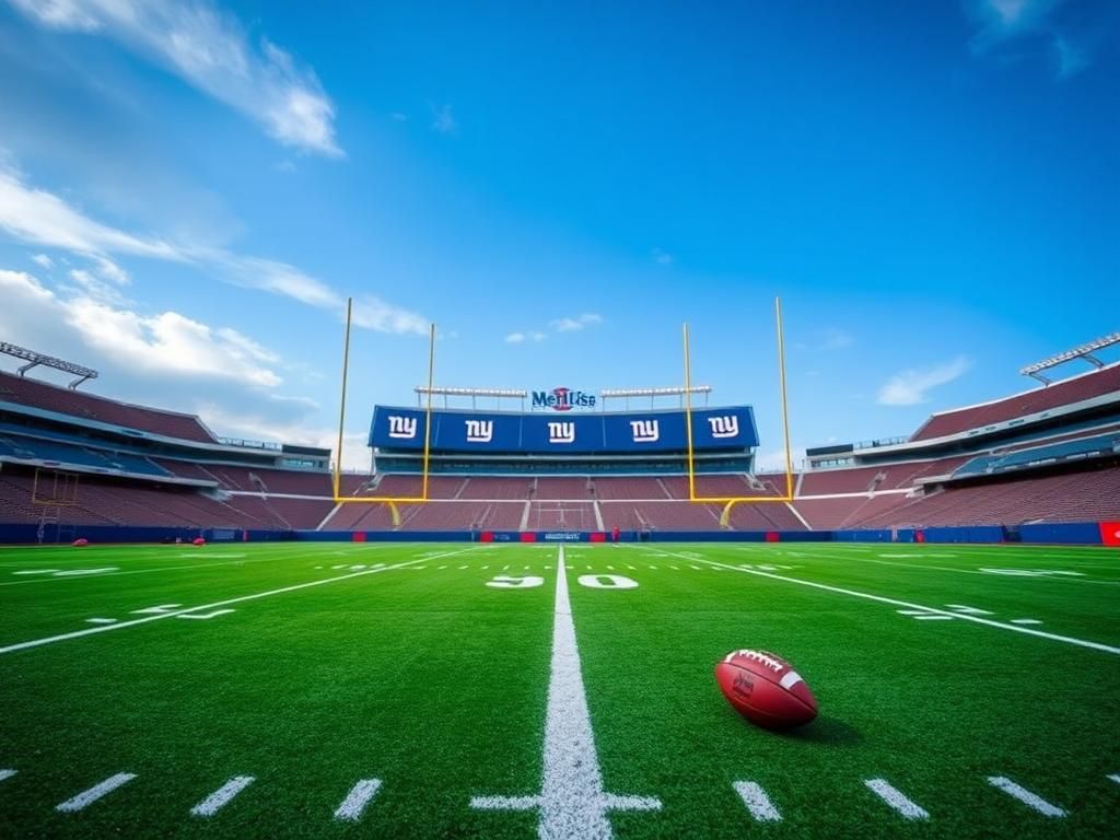 Flick International Empty MetLife Stadium field with vibrant green turf and goalposts under blue sky
