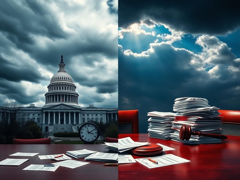 Flick International A split image depicting a chaotic government scene showcasing a dark Capitol building and colorful negotiations.