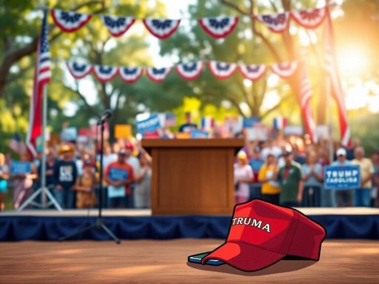 Flick International Vibrant outdoor political stage in North Carolina with an empty podium and colorful crowd signs