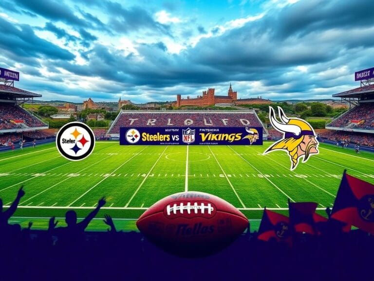Flick International A vibrant football stadium in Dublin with Steelers and Vikings logos and iconic landmarks