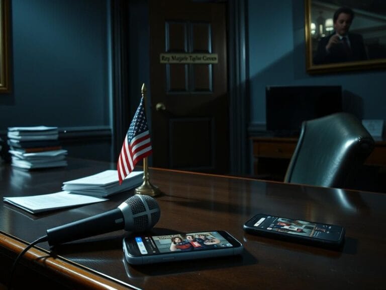 Flick International Dimly lit congressional office with a polished wooden desk and a small American flag, showcasing tension in a recent encounter.