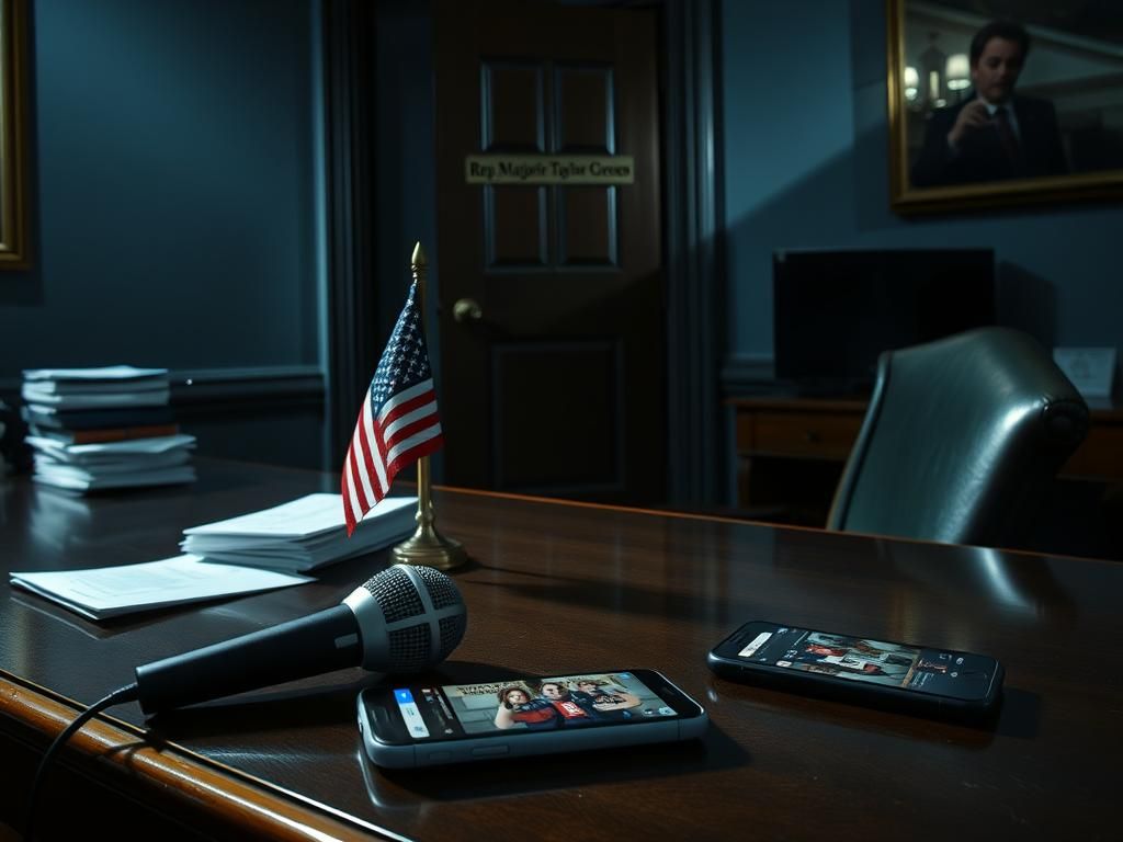 Flick International Dimly lit congressional office with a polished wooden desk and a small American flag, showcasing tension in a recent encounter.