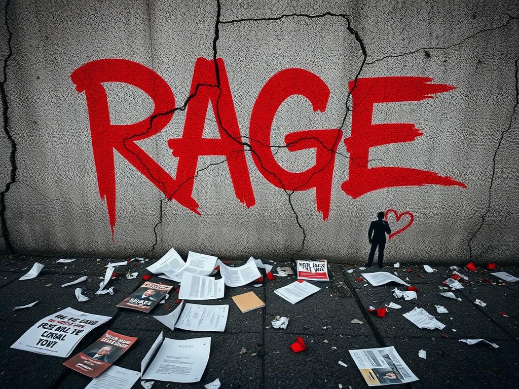 Flick International Close-up of a weathered stone wall with graffiti reading 'RAGE' in bright red and orange tones