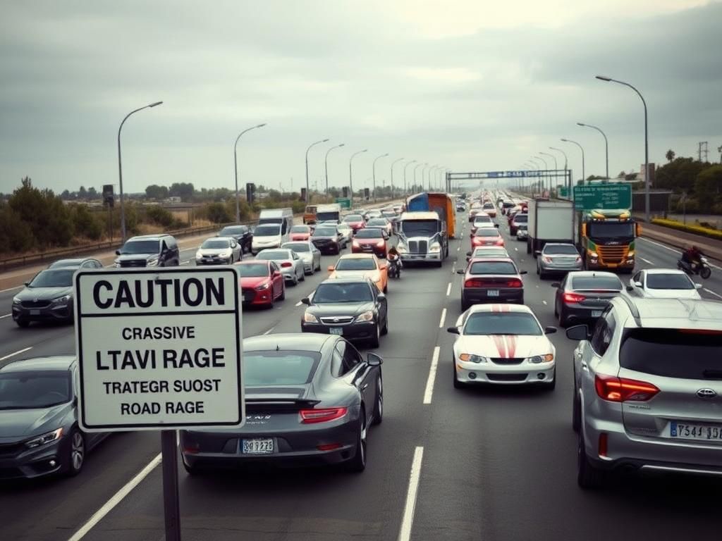 Flick International A congested highway scene with various vehicles exhibiting aggressive driving behaviors