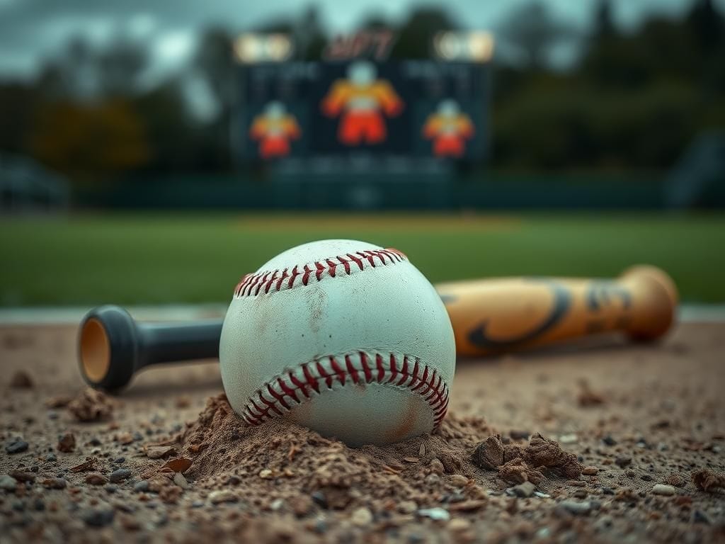 Flick International Close-up of a baseball on the ground with a scuff mark and a broken bat nearby