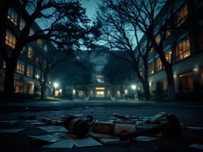 Flick International Dramatic scene depicting remnants of chaos in a university courtyard following a political event