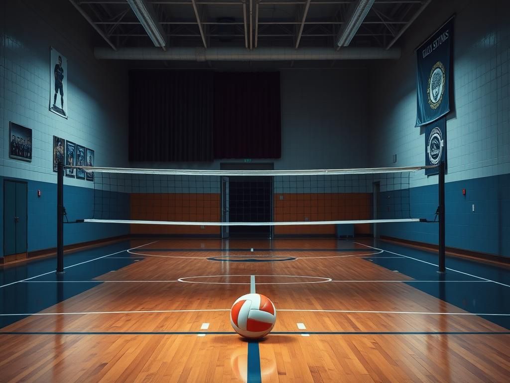 Flick International High school volleyball court with empty gymnasium and muted colors symbolizing controversy