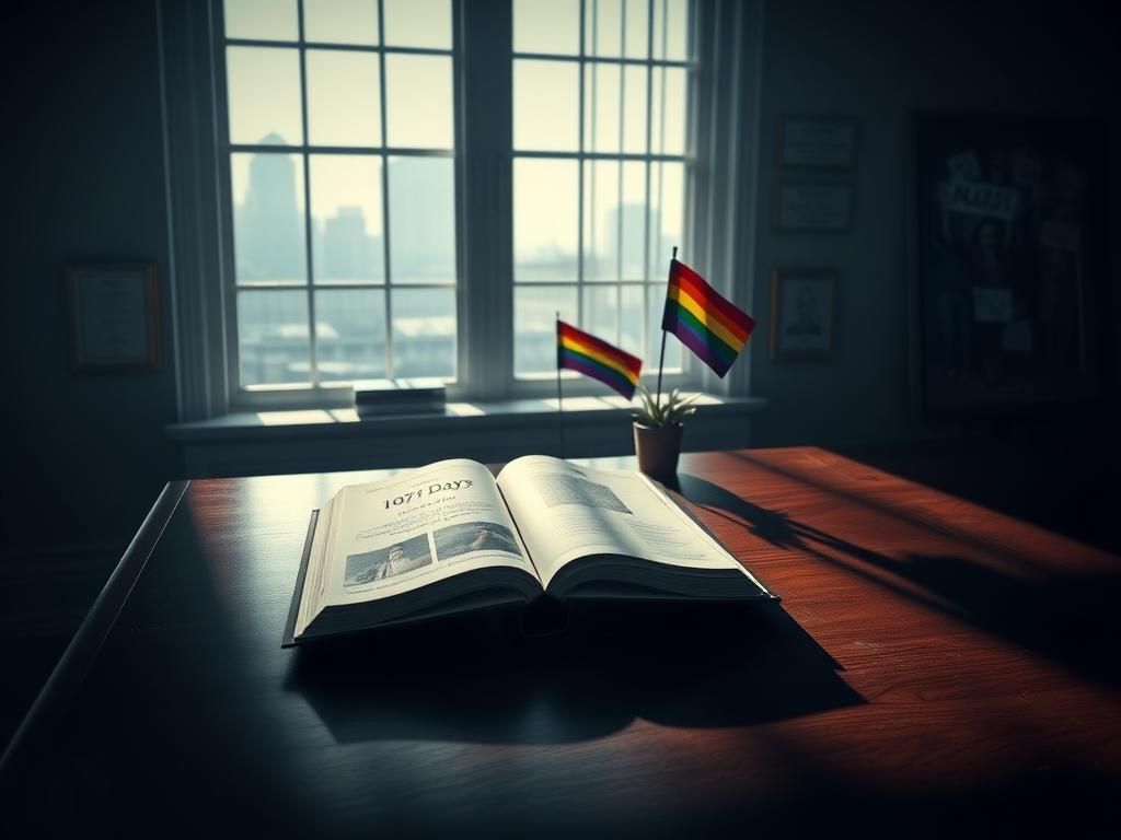 Flick International A dimly lit political office with an empty wooden desk and an open memoir titled '107 Days', symbolizing the political turmoil faced by LGBTQ+ rights.