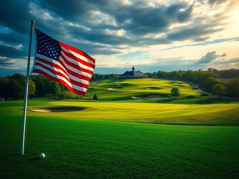 Flick International A vibrant scene at Bethpage Black with an American flag and golf course backdrop during the Ryder Cup.