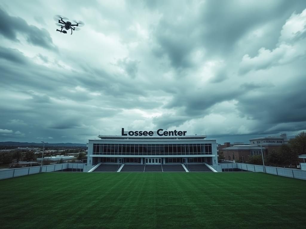 Flick International Rooftop view of the Losee Center at Utah Valley University under a dark sky