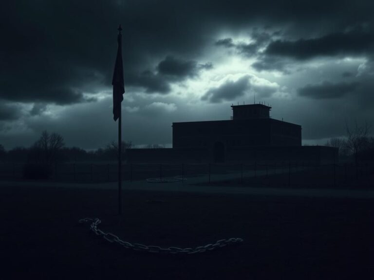 Flick International Dark landscape of the U.S. Disciplinary Barracks at Fort Leavenworth, Kansas with storm clouds and a military flag at half-mast